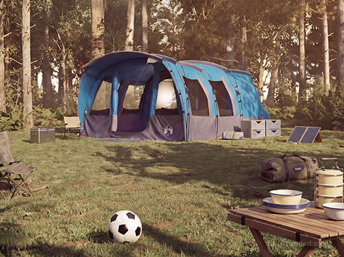 Tilava sininen perheteltta pystytettyn&auml; ulkona useilla osastoilla, suunniteltu mukavaan ryhm&auml;retkeilyyn.