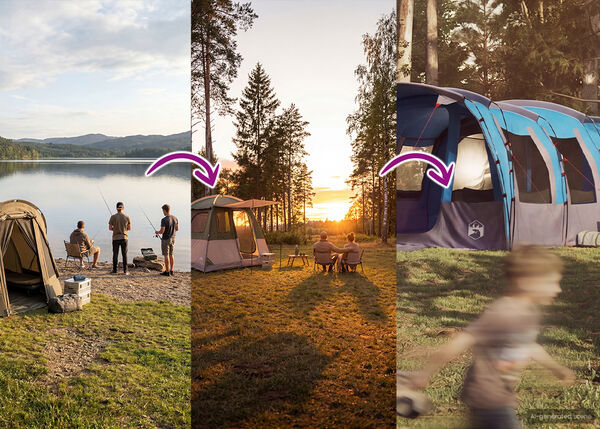 Jaettu banneri, joka n&auml;ytt&auml;&auml; leirint&auml;kokemusten kehityksen. Vasemmalla kolme henkil&ouml;&auml; kalastaa ja rentoutuu pienen teltan l&auml;hell&auml; j&auml;rven rannalla auringonlaskun aikaan. Keskell&auml; kaksi henkil&ouml;&auml; istuu p&ouml;yd&auml;n &auml;&auml;ress&auml;, ja heid&auml;n takanaan on suurempi siniharmaa teltta, my&ouml;s auringonlaskun aikaan. Oikealla n&auml;kyy sumea n&auml;kym&auml; suuremmasta teltan kaltaisesta rakenteesta. Nuolet osoittavat siirtym&auml;&auml; kohtausten v&auml;lill&auml; ja viittaavat ulkoilmael&auml;m&auml;n parantumiseen.