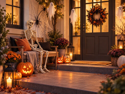 Halloweeniksi koristeltu kuisti, jolla on hehkuvia kurpitsoja, luuranko penkill&auml;, roikkuvia kummituksia, h&auml;m&auml;h&auml;kinseittej&auml; ja l&auml;mpimi&auml; juhlavaloja.
