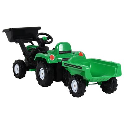 vidaXL Traktori polkuauto lapsille peräkärryllä ja kauhalla vihr/musta