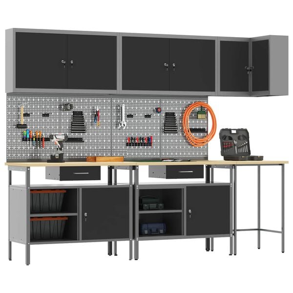 vidaXL Ty&ouml;p&ouml;yt&auml;kaappisarja laatikon kanssa 10 pcs Mustat ja harmaa