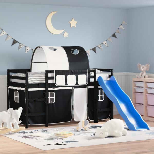 vidaXL Lasten parvisänky tunnelilla mustavalk. 90x190 cm täysi mänty