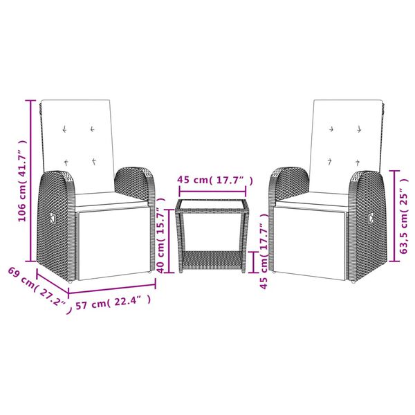 vidaXL 3-osainen Ulkoruokailuryhm&auml; tyynyill&auml; harmaa polyrottinki