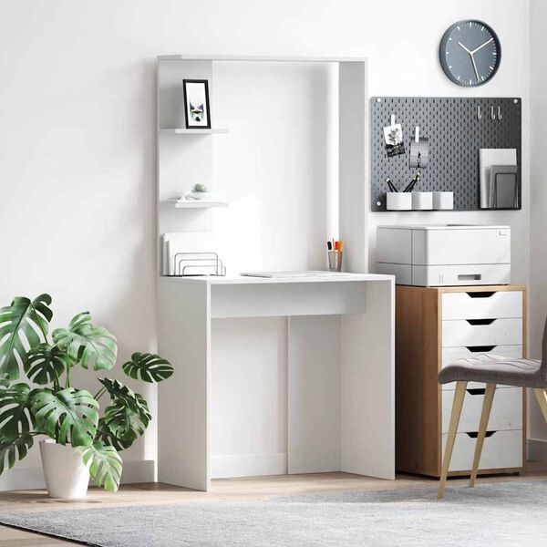 vidaXL Pöytä hyllyllä Valkoinen 78,5 x 37 x 154,5 cm Tekninen puu