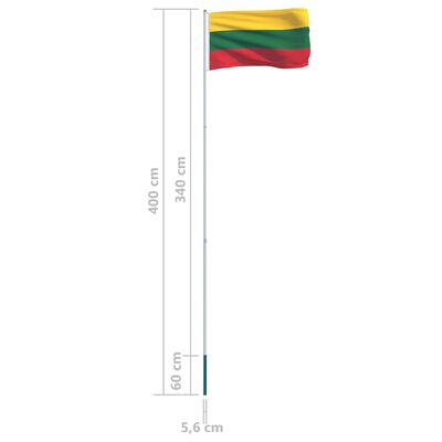 vidaXL Liettuan lippu ja tanko alumiini 4 m
