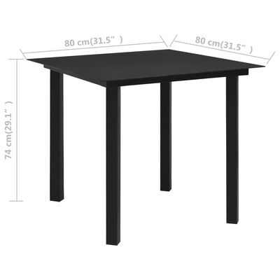 vidaXL Puutarhan ruokapöytä musta 80x80x74 cm teräs ja lasi