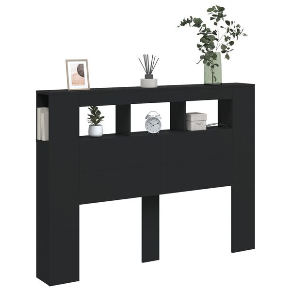 vidaXL Sängynpääty LED-valoilla musta 140x18,5x103,5 cm tekninen puu