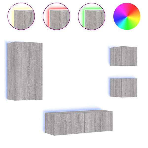 vidaXL 4-osainen TV-sein&auml;kaappisarja LED-valoilla harmaa Sonoma