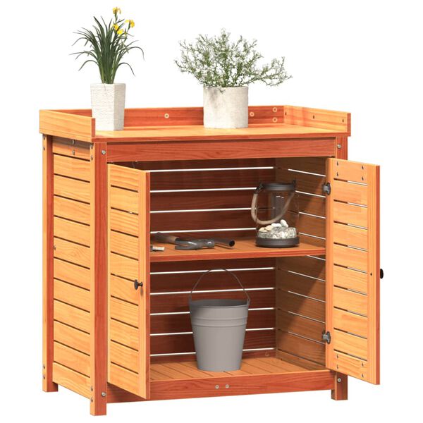 vidaXL Ruukutuspöytä hyllyllä ruskea 82,5x50x86,5 cm täysi mänty