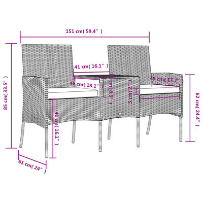 vidaXL 2-istuttava Puutarhasohva pikkupöydällä polyrottinki musta