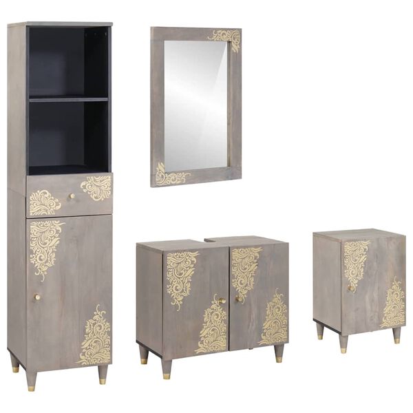 vidaXL Kylpyhuoneen kaappisetti ovella 4 pcs Harmaa Kiinteä mango puu