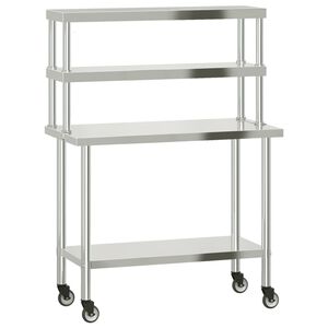 vidaXL Keitti&ouml;n ty&ouml;p&ouml;yt&auml; yl&auml;hyllyll&auml; 110x55x150 cm ruostumaton ter&auml;s