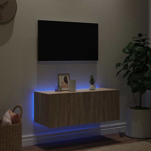 vidaXL TV-seinäkaappi LED-valoilla Sonoma-tammi 80x35x31 cm