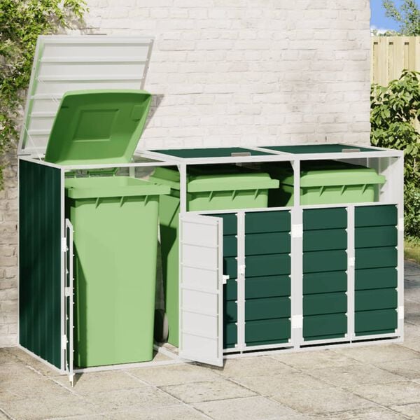 vidaXL Wheelie Bin S&auml;ilytys Triple Bins Vihre&auml; 216x81x115 cm Ter&auml;s