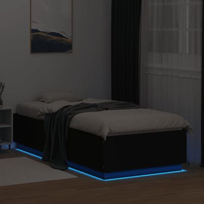 vidaXL Sängynrunko LED-valoilla musta 90x200 cm täysi puu