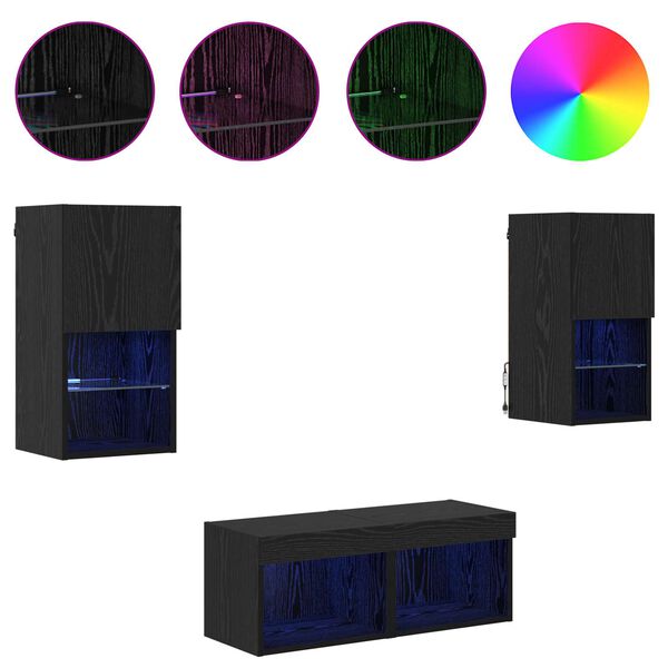vidaXL TV-sein&auml;hyllyt LED -nauhavalot 4 pcs Musta tammi. Tekninen puu