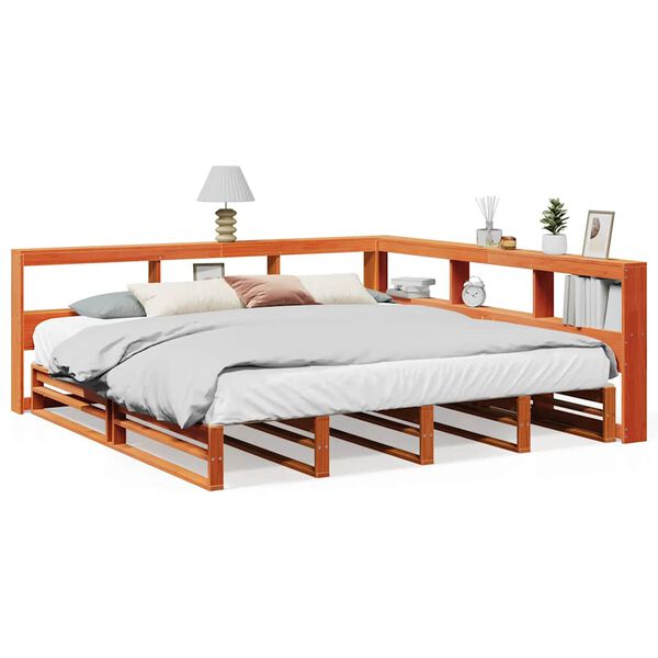 vidaXL Sänky kirjahyllyllä ei patjaa vahanrusk. 200x200 cm täysi mänty