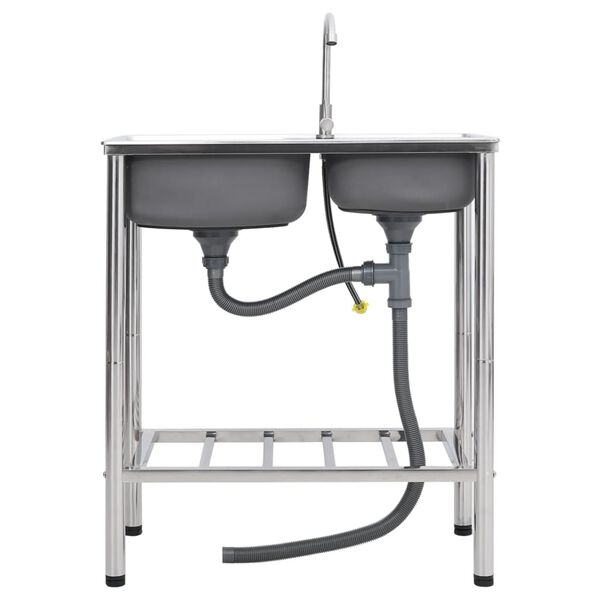 vidaXL Leirintäalueen kaksoispesuallas hanalla ruostumaton teräs