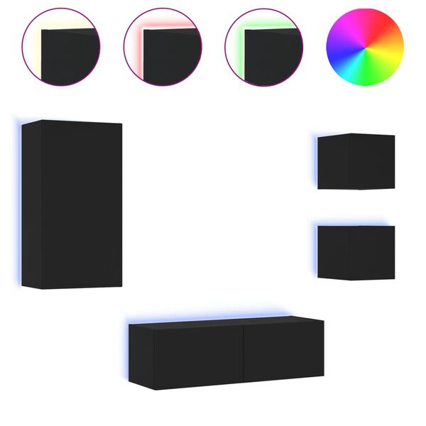 vidaXL 4-osainen TV-sein&auml;kaappisarja LED-valoilla musta