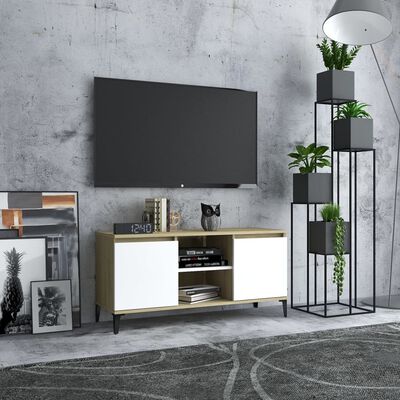 vidaXL TV-taso metallijaloilla valkoinen/Sonoma-tammi 103,5x35x50 cm