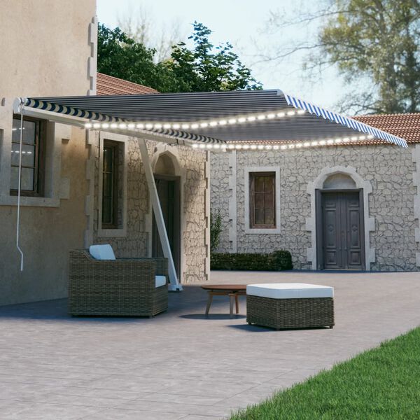vidaXL Sis&auml;&auml;nkelattava markiisi LED/tuulisensori 600x300 cm sinivalk.
