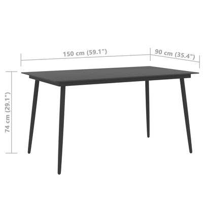 vidaXL Puutarhan ruokapöytä musta 150x90x74 cm teräs ja lasi