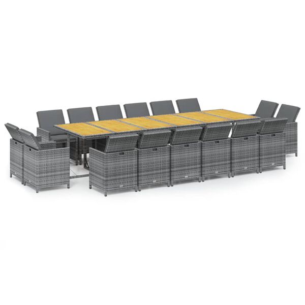 vidaXL 17-osainen Puutarharuokailuryhm&auml; tyynyill&auml; polyrottinki harmaa