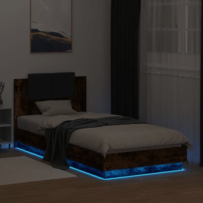 vidaXL Sängynrunko päädyllä ja LED-valoilla savutammi 90x200 cm