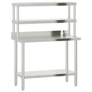 vidaXL Keitti&ouml;n ty&ouml;p&ouml;yt&auml; yl&auml;hyllyll&auml; 110x55x150 cm ruostumaton ter&auml;s
