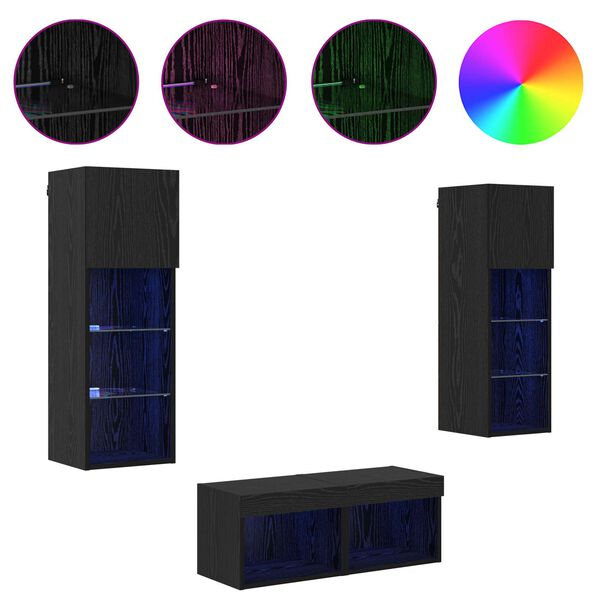 vidaXL TV-sein&auml;hyllyt LED -nauhavalot 4 pcs Musta tammi. Tekninen puu