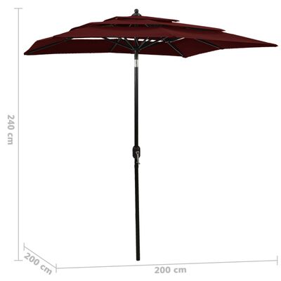 vidaXL 3-tasoinen aurinkovarjo alumiinitanko viininpunainen 2x2 m