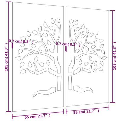 vidaXL Puutarhaseinäkoristeet 2 kpl 105x55 cm corten teräs puukuvio