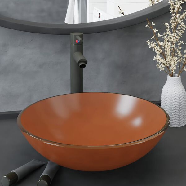 vidaXL Kylpyhuoneen pesuallas hana ja tulppa ruskea karkaistu lasi