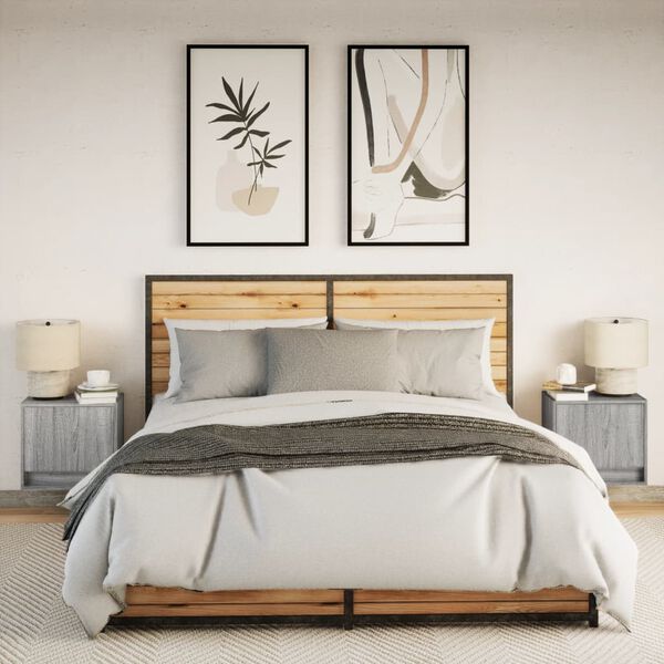 vidaXL Seinäkiinnitettävät yöpöydät LED-valoilla 2 kpl harmaa Sonoma