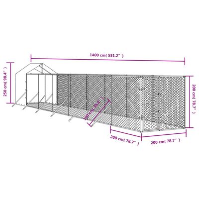 vidaXL Koiran ulkohäkki katolla hopea 2x14x2,5 m galvanoitu teräs