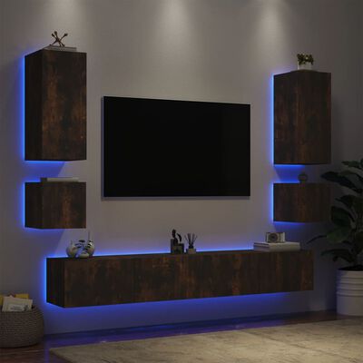 vidaXL 6-osainen TV-seinäkaappisarja LED-valoilla savutammi