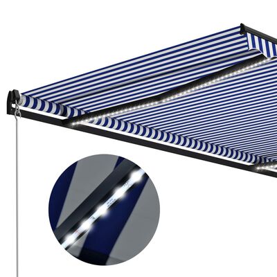 vidaXL Käsin sisäänkelattava markiisi LEDillä 450x300cm sinivalkoinen