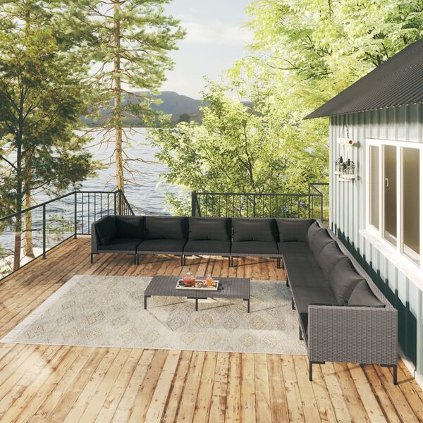 vidaXL 10-osainen Puutarhasohvasarja tyynyillä polyrottinki tummanharm