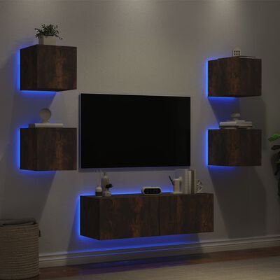 vidaXL 5-osainen TV-seinäkaappisarja LED-valoilla savutammi