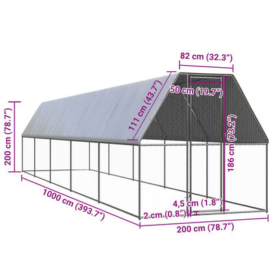 vidaXL Ulkotilan kanahäkki 2x10x2 m galvanoitu teräs