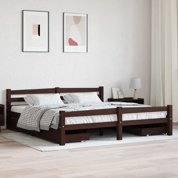 vidaXL Sängynrunko 4 vetolaatikolla tummanruskea täysi mänty 180x200cm