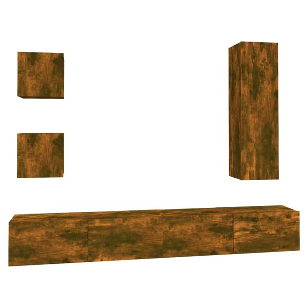 vidaXL 5-osainen TV-kaappisarja savutammi tekninen puu