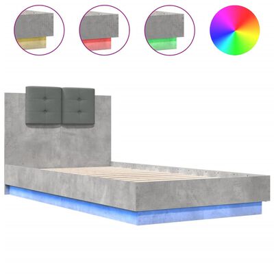 vidaXL Sängynrunko päädyllä ja LED-valoilla betoninharmaa 90x190 cm