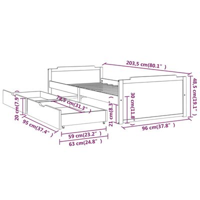 vidaXL Sängynrunko vetolaatikoilla valkoinen täysi mänty 90x200 cm
