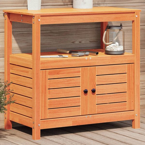 vidaXL Ruukutuspöytä hyllyllä ruskea 82,5x45x81 cm täysi mänty