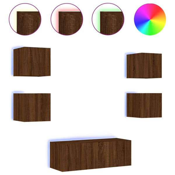 vidaXL 6-osainen LED TV-kaappisarja ruskea tammi tekninen puu