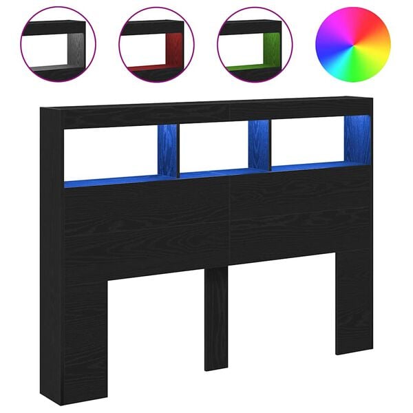 vidaXL Sängynpäätykaappi LED-valoilla musta tammi 140x17x102 cm