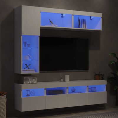 vidaXL 7-osainen TV-seinäkaappisarja LED-valoilla valkoinen