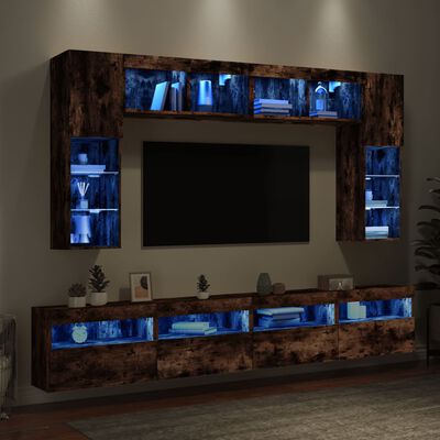 vidaXL 8-osainen TV-seinäkaappisarja LED-valoilla savutammi