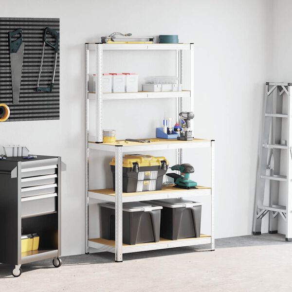 vidaXL 5-tasoinen Ty&ouml;p&ouml;yt&auml; hyllyill&auml; hopea ter&auml;s ja tekninen puu